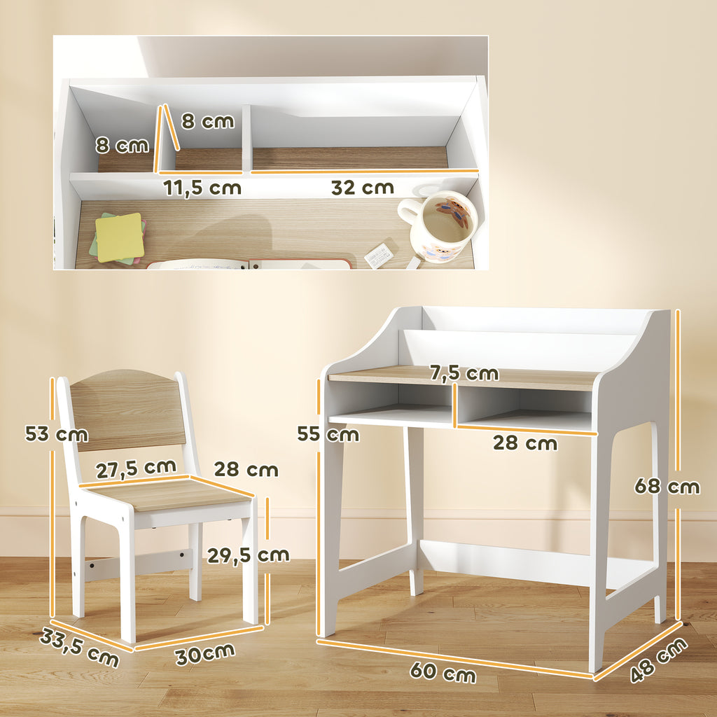 Ensemble bureau et chaise pour enfant 3 à 8 ans avec compartiments et étagères ouverts, effet bois naturel-2