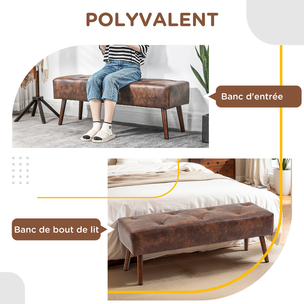 Banc bout de lit banquette capitonnée style vintage 114 x 38 x 42 cm piètement bois revêtement marron effet vieilli-3