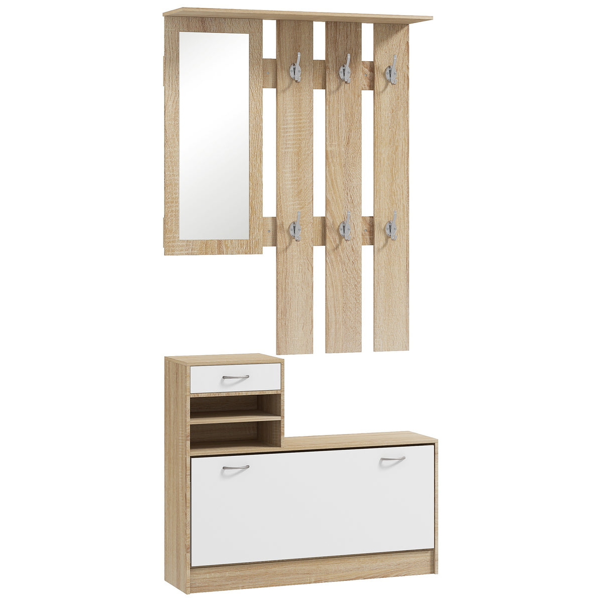 Meuble d'entrée vestiaire avec panneau porte-manteau, miroir et banc à chaussures - 6 crochets et étagère réglable-0