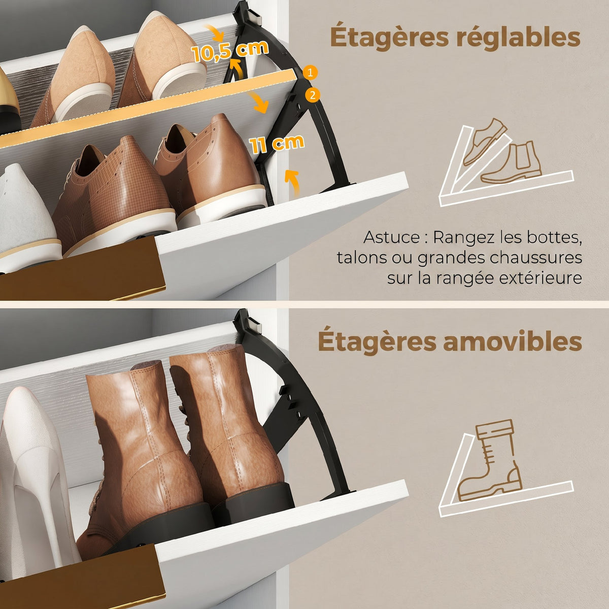 Meuble à chaussures 12 paires, armoire à chaussures étroite avec 2 tiroirs rabattables, étagères réglables, blanc-4