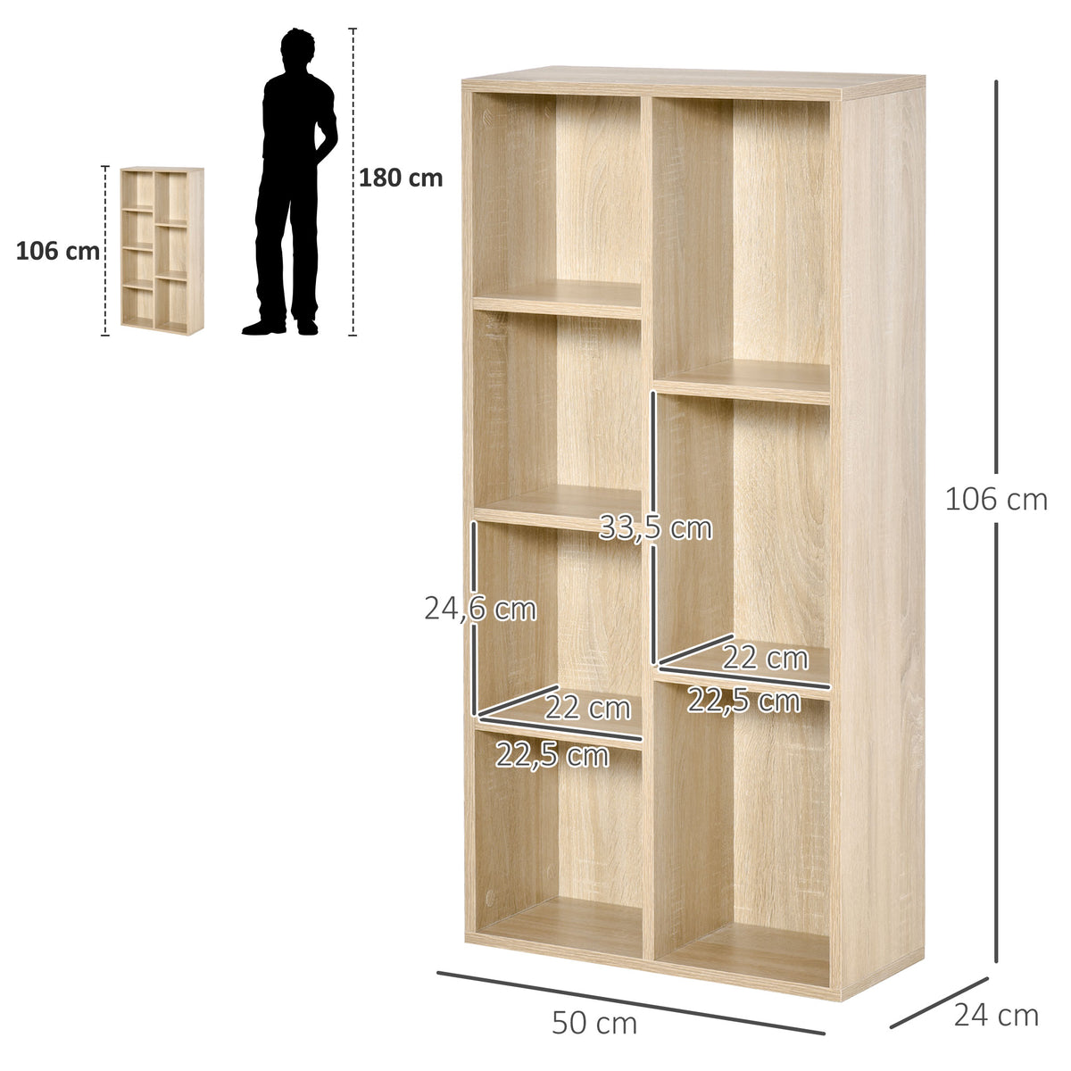 Meuble de rangement Bibliothèque étagère 7 cubes pour intérieur, salon, chambre - 50l x 24P x 106H cm, bois naturel-2