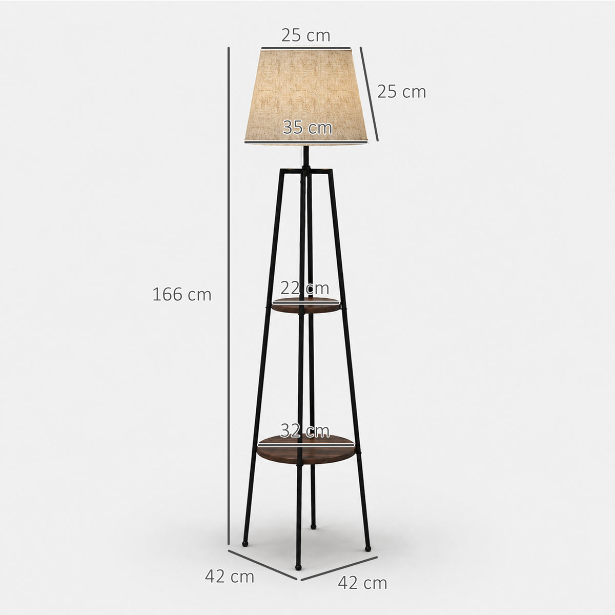 Lampadaire 2 étagères de rangement douille E27 40 W interrupteur à tirette abat-jour tissu 42 x 42 x 166 cm noir marron-2