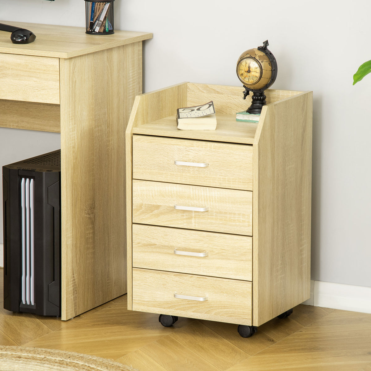 Caisson bureau rangement sur roulettes 4 tiroirs coulissants MDF et panneaux particules 40x36x65cm bois naturel-1