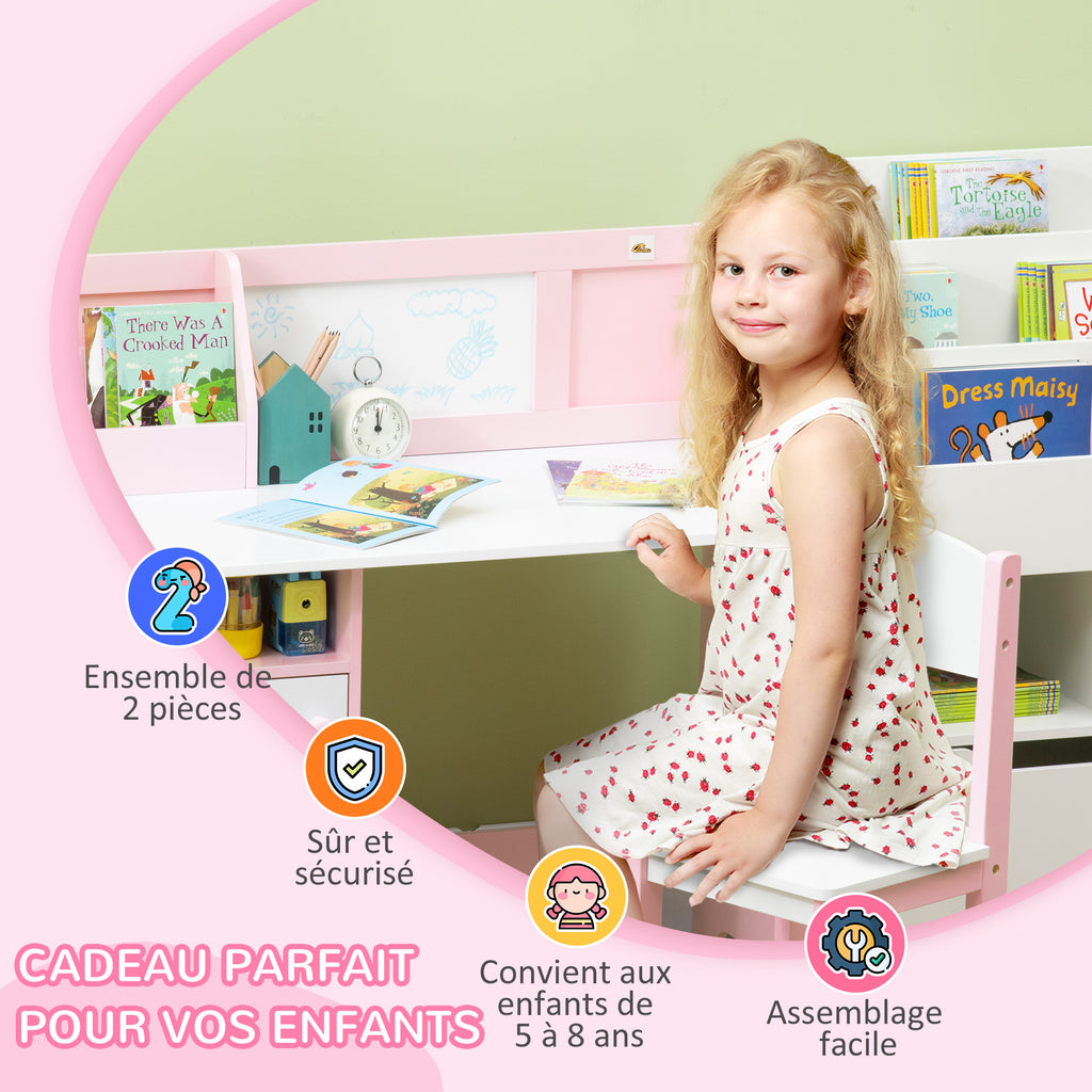 Ensemble table et chaise pour enfant avec tableau blanc - bureau pour enfant +5 ans - 90L x 45l x 85H cm rose-5