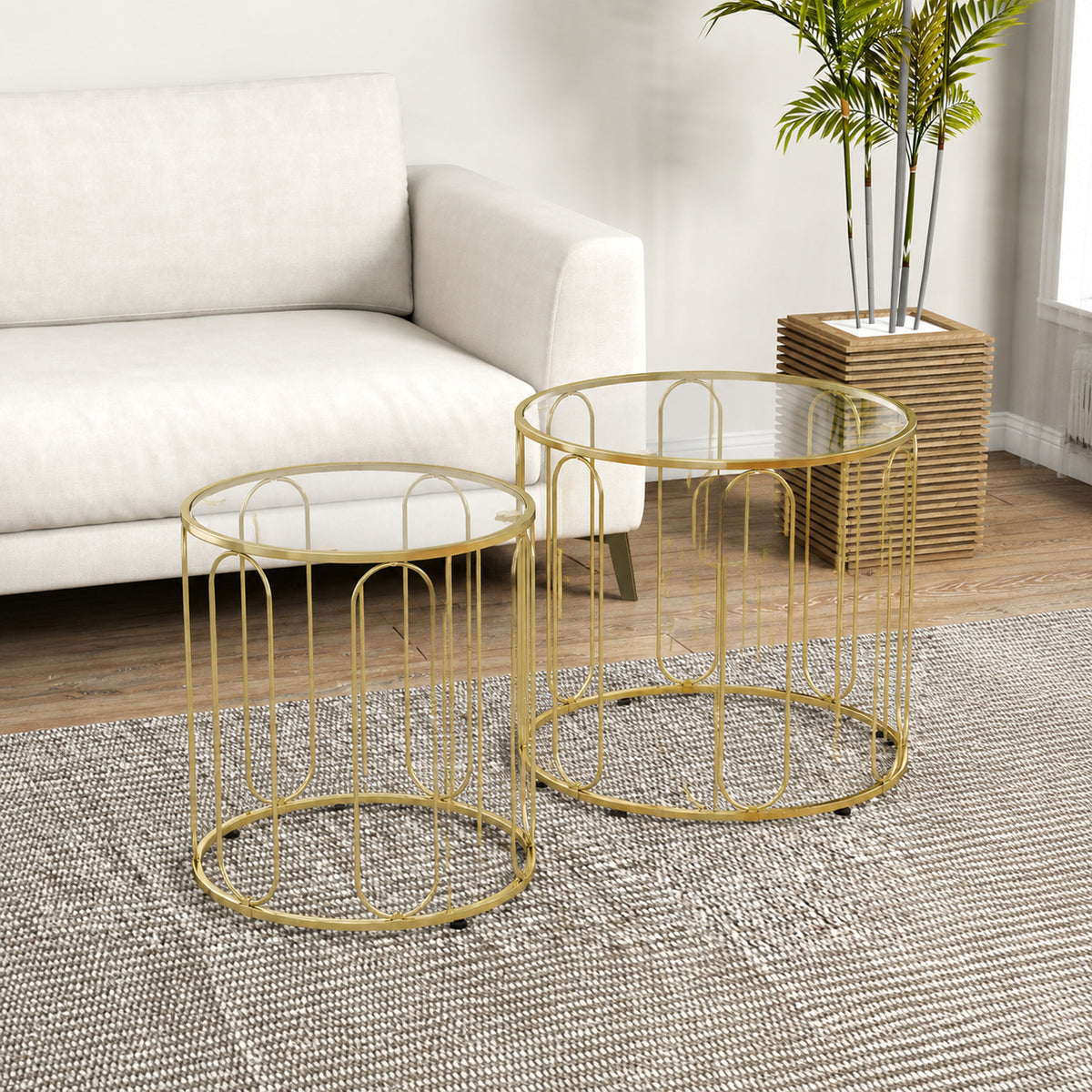 Lot de 2 tables basses gigognes rondes modernes avec cadre en métal et plateau en verre, ton doré-1