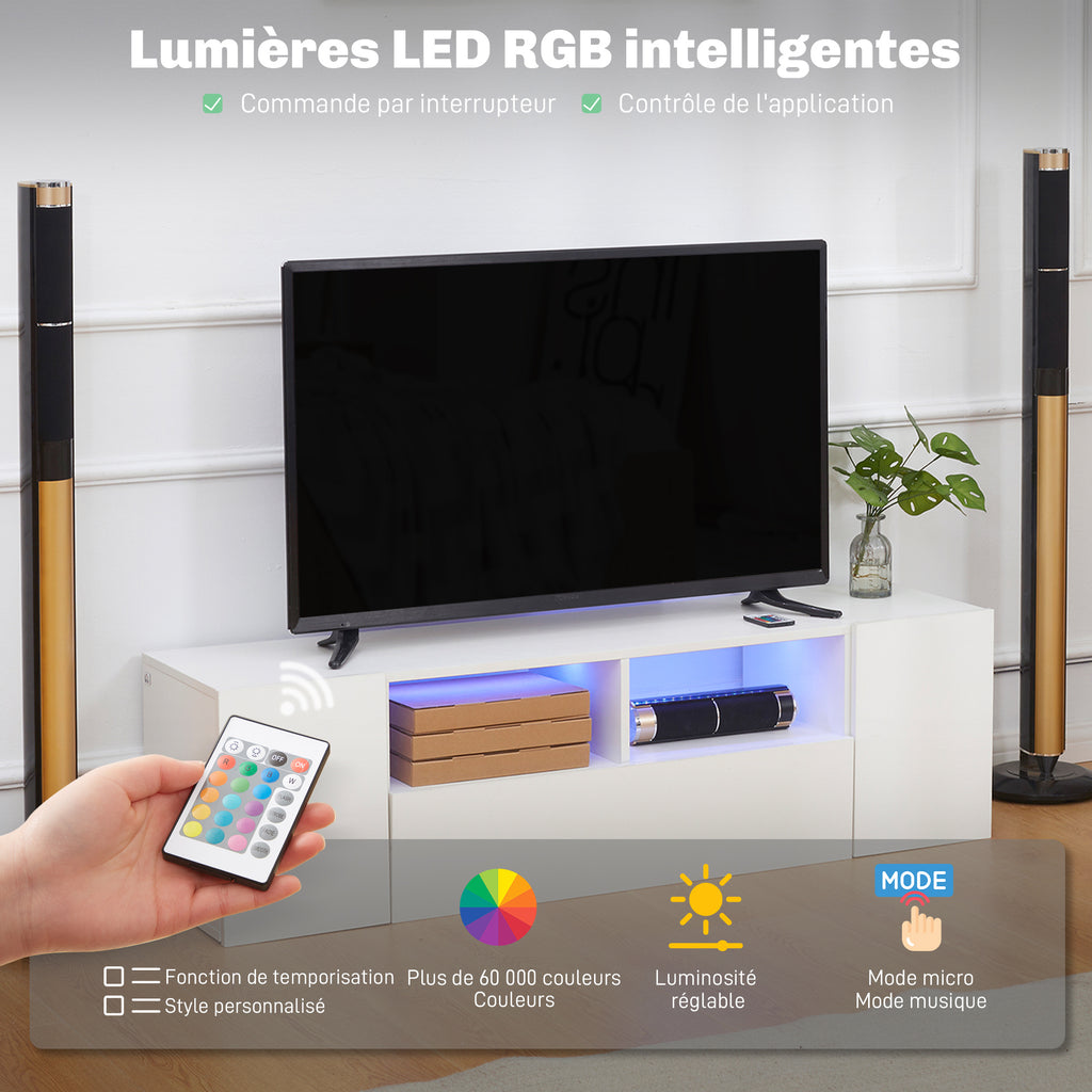 Meuble TV, banc TV, meuble de télévision, jusqu'à 60 pouces, avec lumières LED, 2 étagères et placards, panneau de porte brillant, 137 x 35 x 42 cm, blanc-4