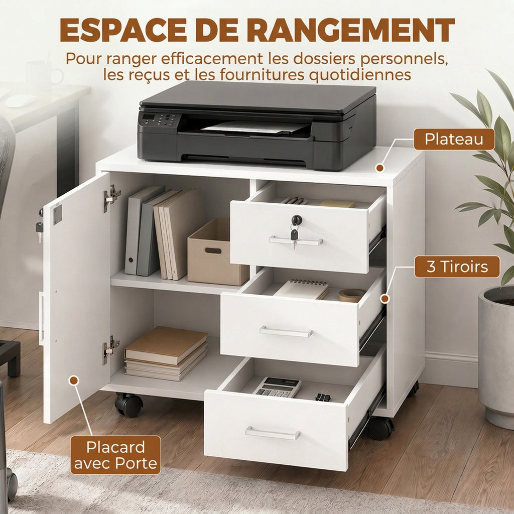 Caisson bureau meuble de rangement verrouillable avec 3 tiroirs et étagère réglable, roulettes, 40 x 60 x 56 cm, blanc-3