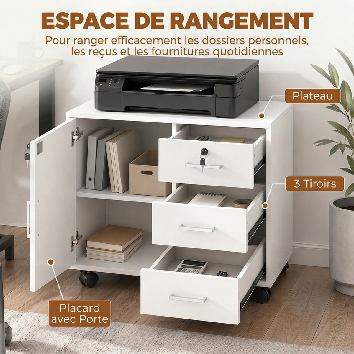 Caisson bureau meuble de rangement verrouillable avec 3 tiroirs et étagère réglable, roulettes, 40 x 60 x 56 cm, blanc-3