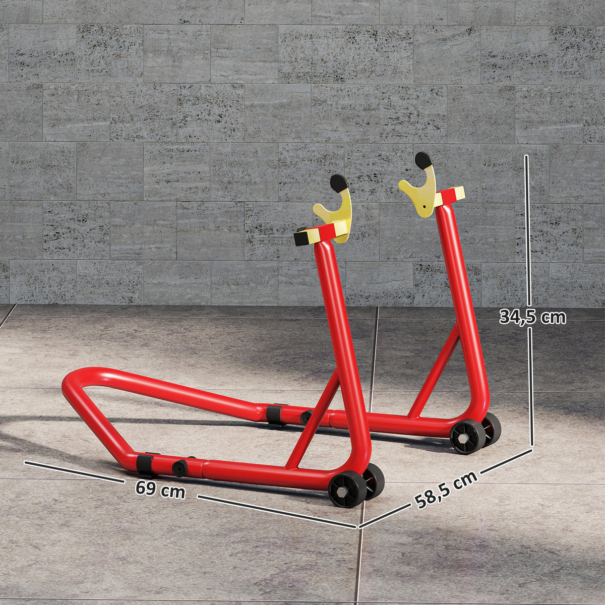 Bloque roue de moto pour pneu arrière capacité 544 kg avec fourches réglables en U et L en acier 69x58,5x34,5 cm rouge-2