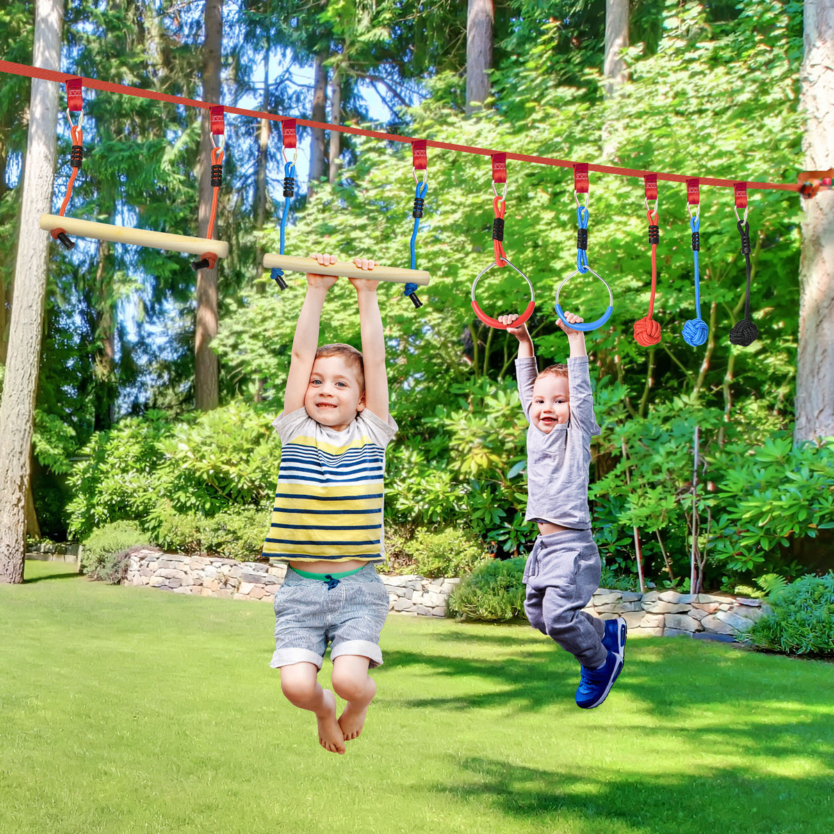 Parcours d'obstacles ninja pour enfants 30 accessoires et sac de transport 10 m de slackline bleu noir rouge-1