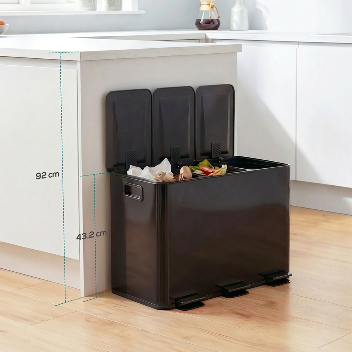 Poubelle de cuisine 45L avec 3 compartiments de 15L, couvercle, seaux intérieurs amovibles, 3 x 15L, noir-1