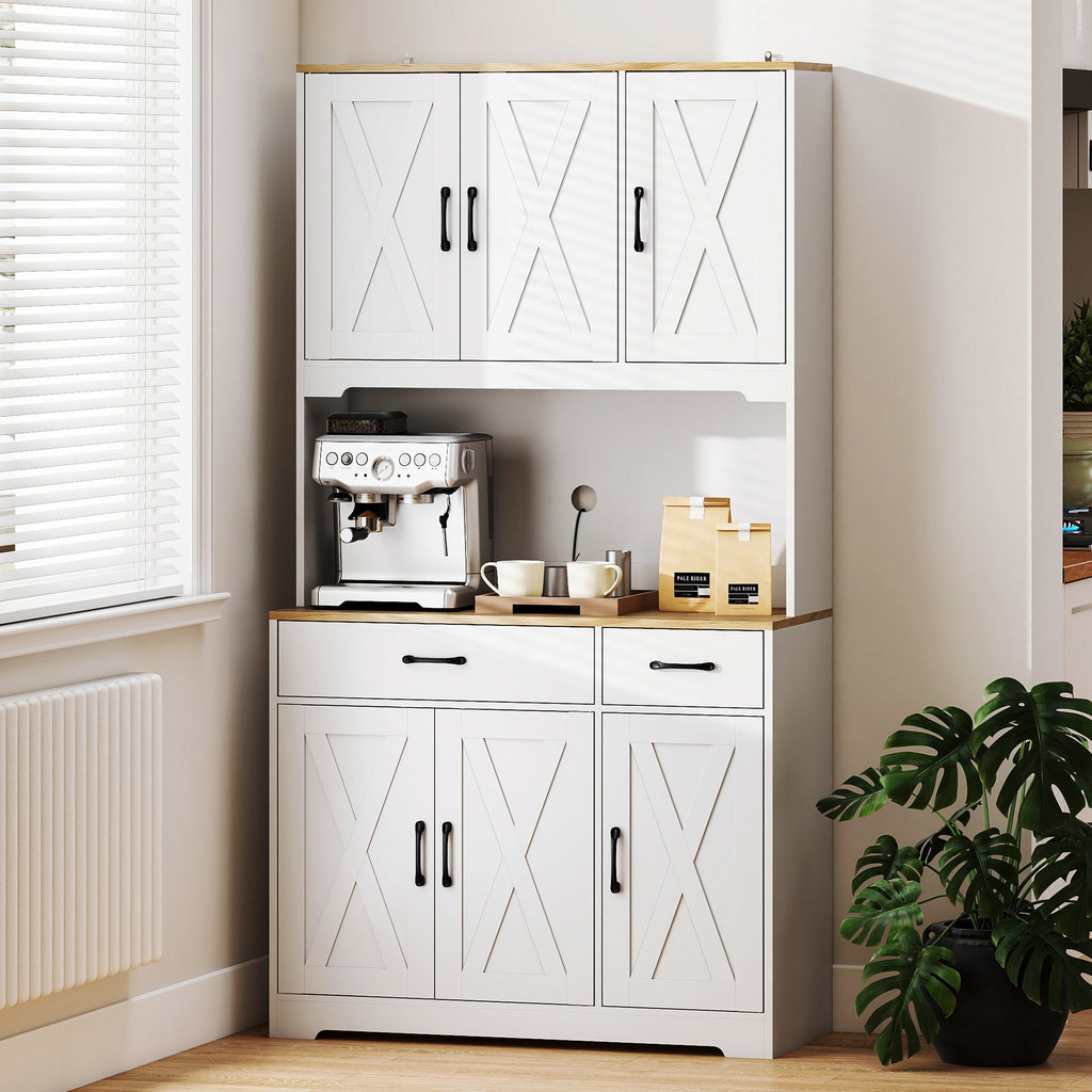 Buffet haut cuisine armoire de cuisine avec 6 portes 2 tiroirs plan de travail étagères réglables 94x39,5x175,2cm blanc-7