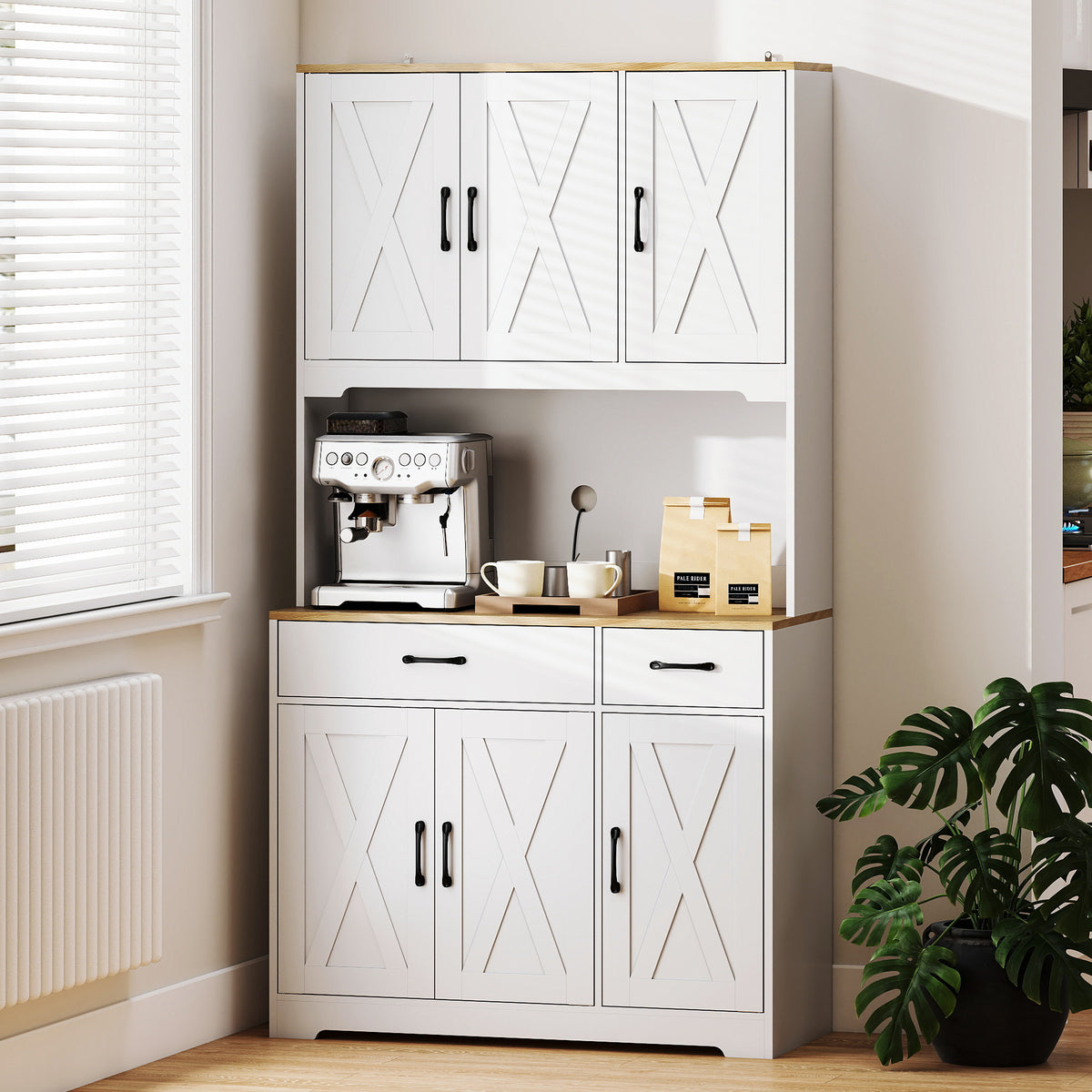 Buffet haut cuisine armoire de cuisine avec 6 portes 2 tiroirs plan de travail étagères réglables 94x39,5x175,2cm blanc-7