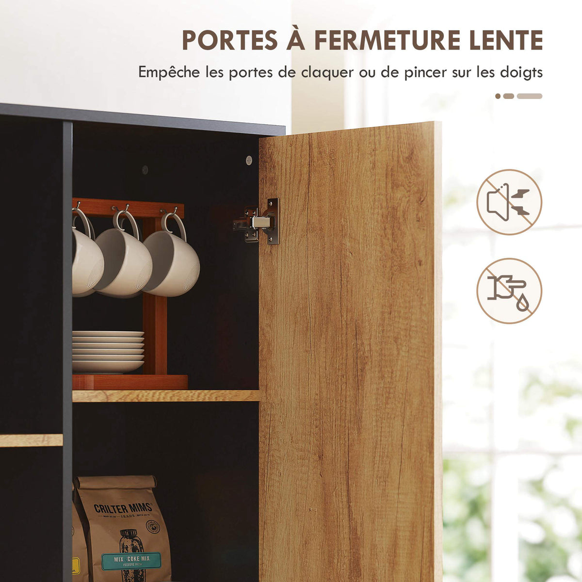 Armoire de cuisine meuble de rangement, 2 tiroirs 1 placard 2 niches et étagères réglables, 88x35x160cm, noir et naturel-4