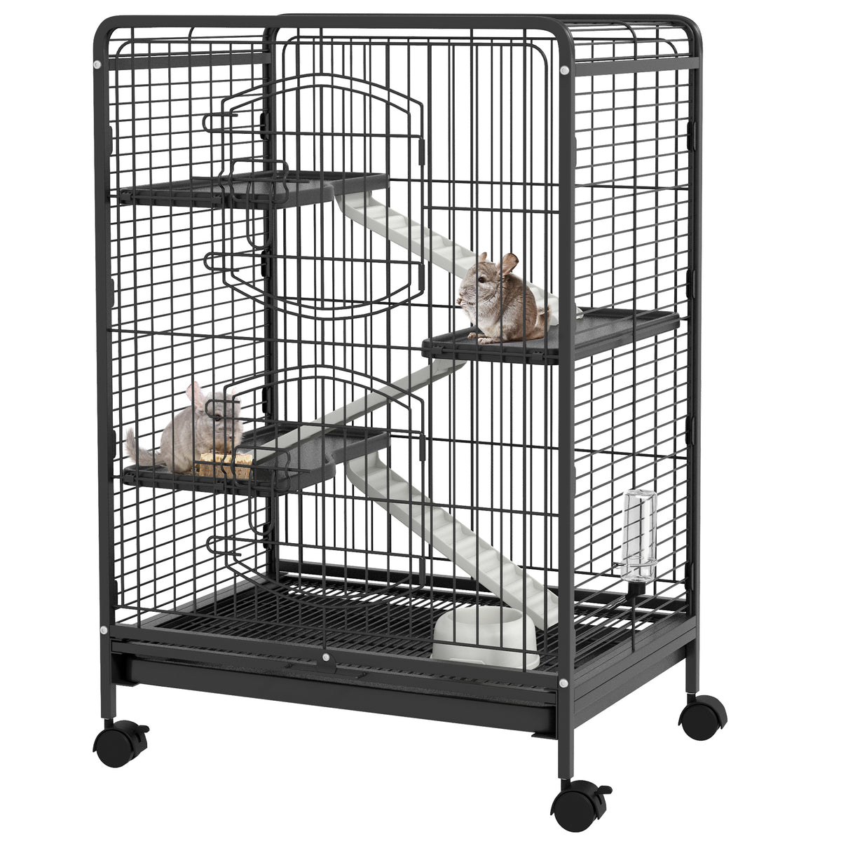 Cage pour rongeurs cage pour Petits Animaux Roulante 3 Rampes 3 Plates-formes Plat et Bouteille d'Eau Bac Inférieur Amovible pour lapin vison d'animaux chinchilla Acier PP 61,5x44x95cm Noire-0