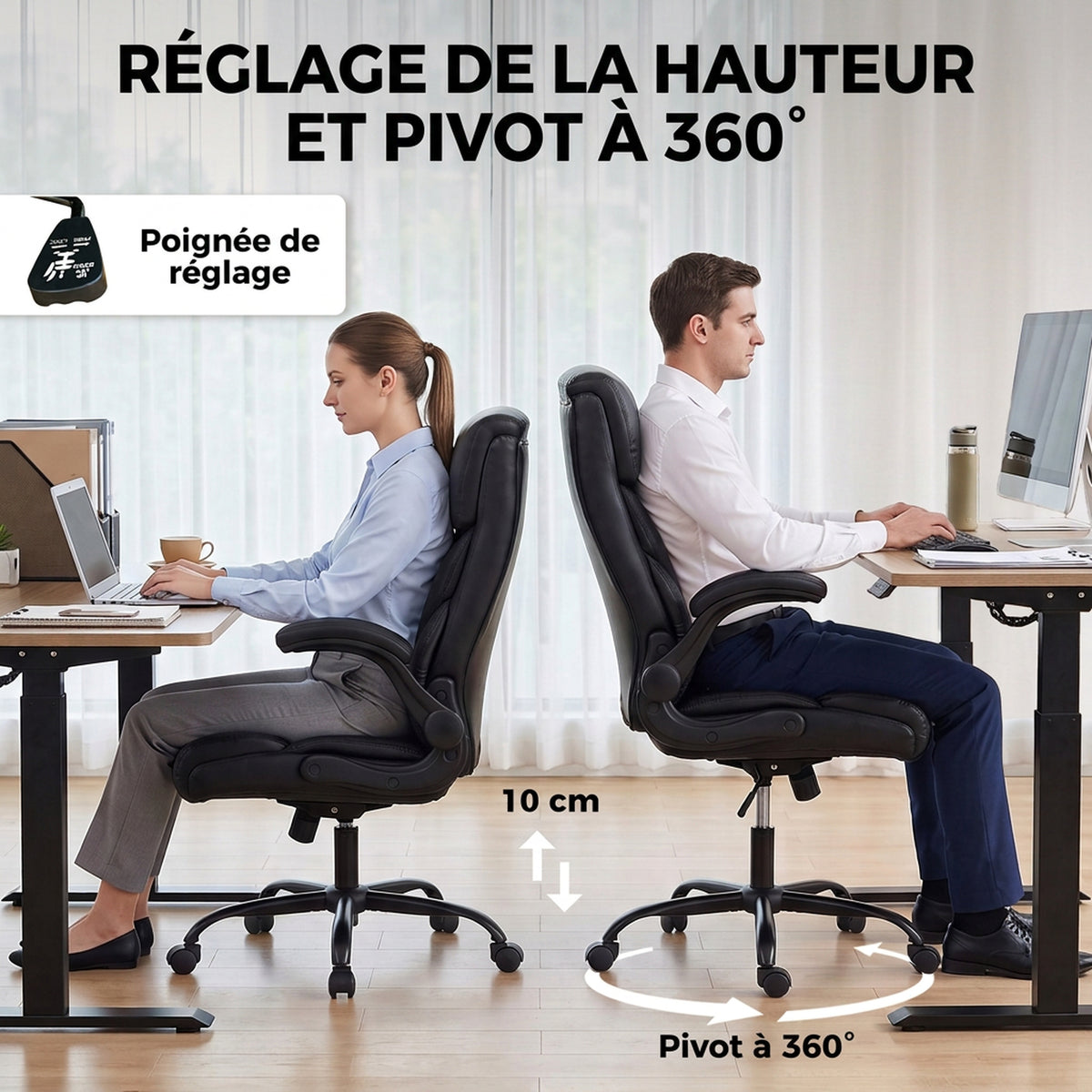 Chaise Bureau Ergonomique avec Accoudoirs Relevables, Fauteuil de Bureau en PU, Hauteur Réglable, Fonction Bascule, Noir-5