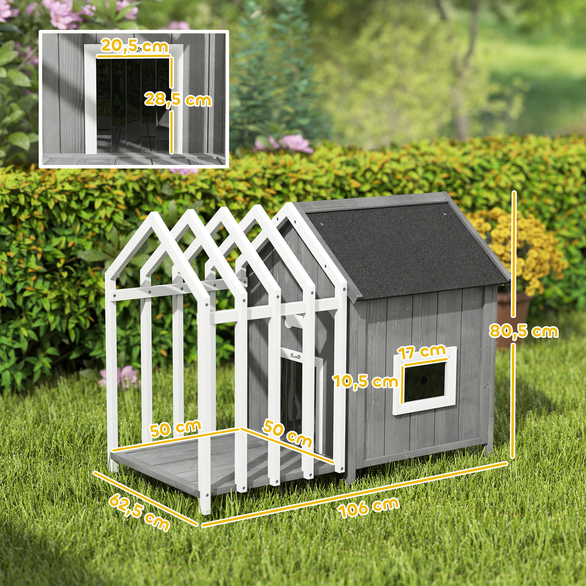 Niche pour chien extérieur en bois maison chien extérieur avec terrasse, porte à lamelles, 106 x 62,5 x 80,5 cm, gris-2