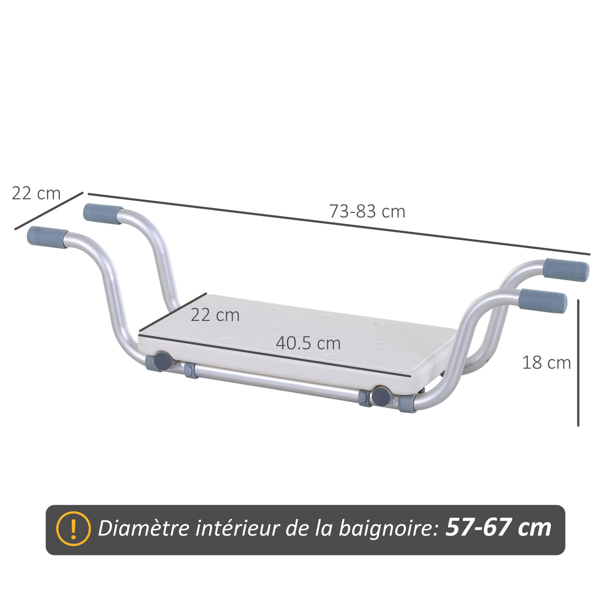 Siège de Baignoire - siège de Bain Suspendu réglable - Tabouret de Salle de Bain - dim. 73-83L x 22l x 18H cm - alu. HDPE Blanc-2