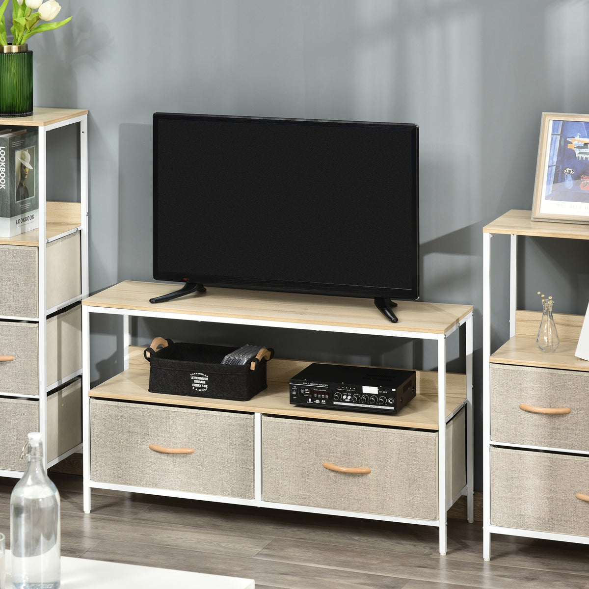 Meuble TV Bas sur Pieds Style Industriel 2 tiroirs en Tissu Gris Bois Naturel et métal Blanc-1
