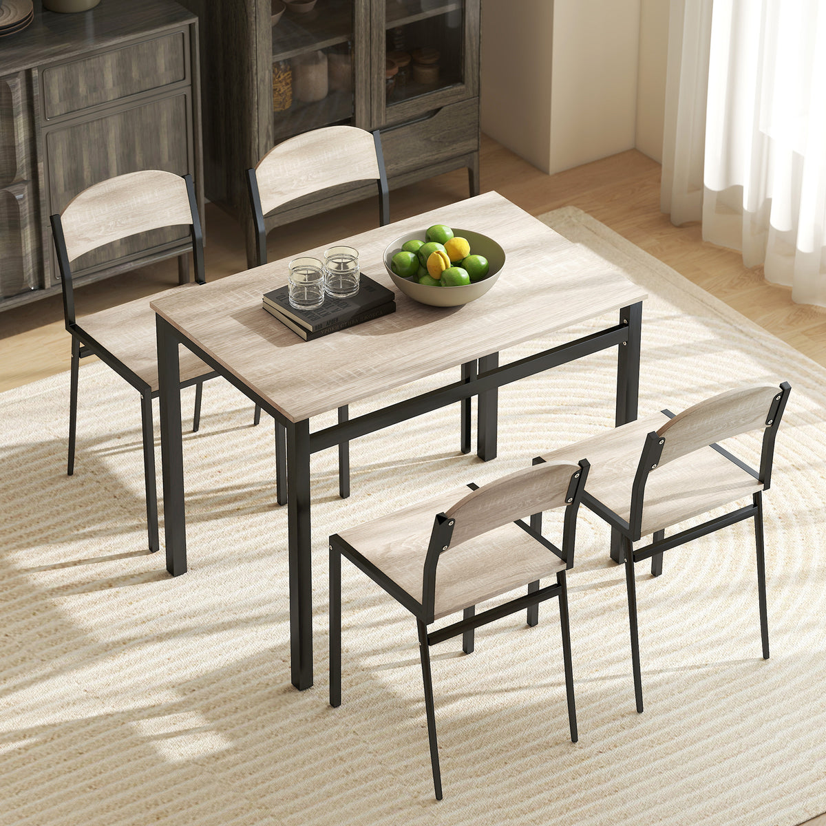 Ensemble table à manger 5 pièces avec 4 chaises lateau MDF coloris bois de chêne châssis métal noir-9