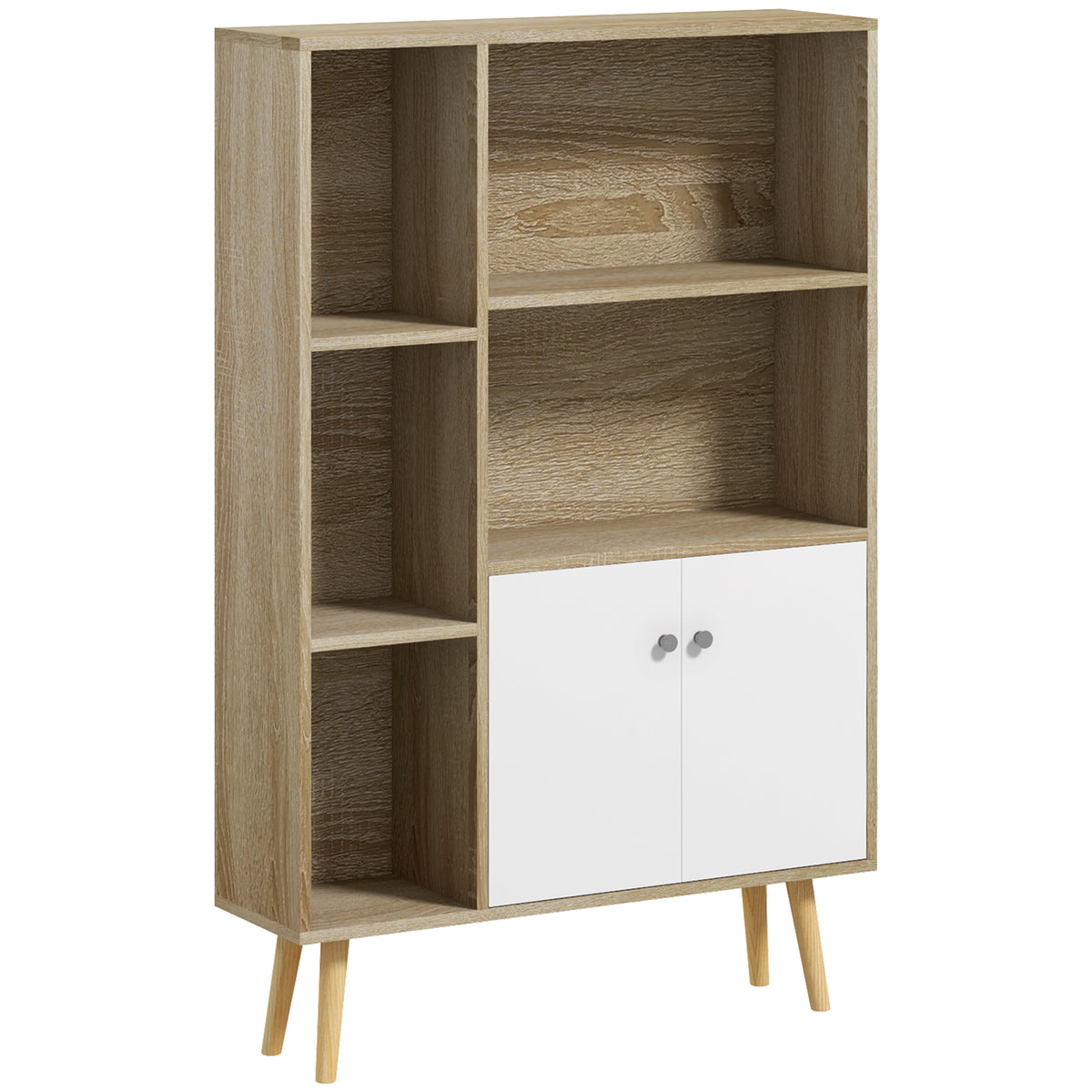 Bibliothèque scandinave meuble de rangement dim. 80L x 23,5l x 123H cm 5 niches placard 2 portes pieds effilés inclinés-0
