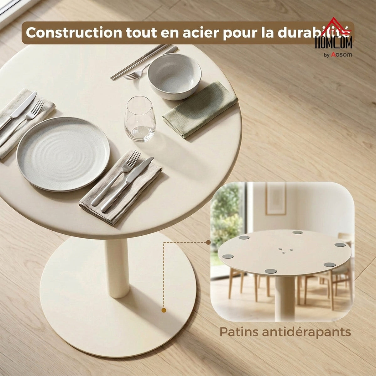 Table à Manger Ronde pour 2 Personnes Ø60 cm, Moderne avec Base Ronde, Cadre en Acier, pour Intérieur Extérieur, Beige-4