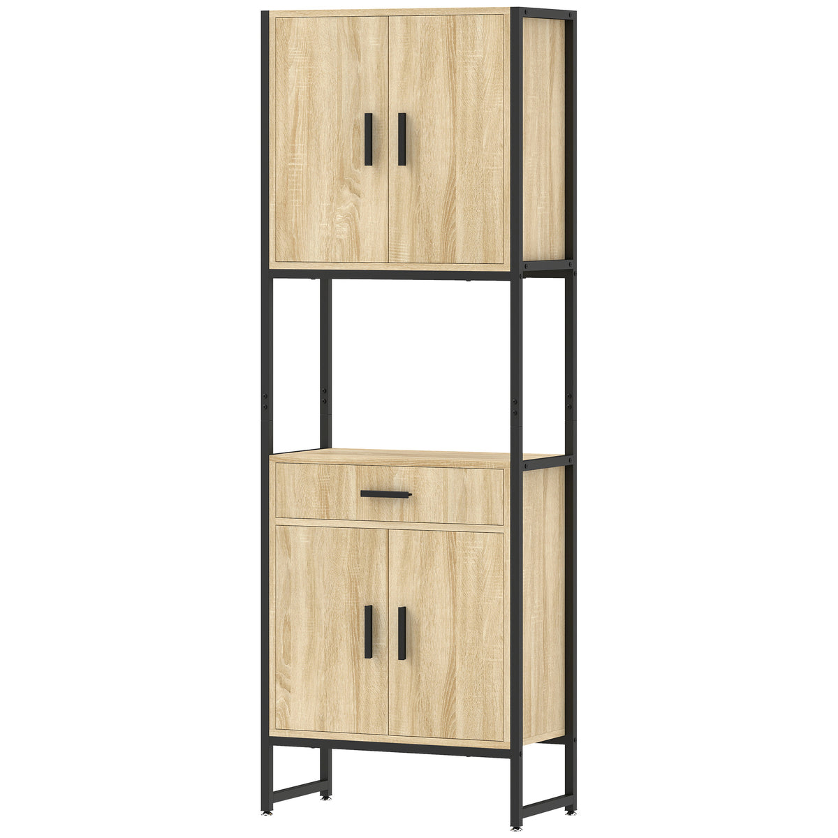 Buffet Haut Cuisine, Armoire de Cuisine, 4 Portes à Fermeture Douce, Tiroir, Plan de Travail, 60x30x170cm, Bois Naturel-0