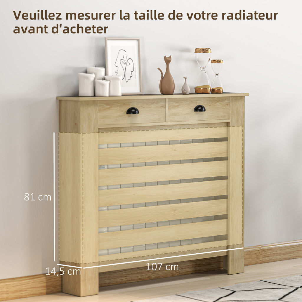 Couvercle de radiateur cache radiateur grille à lattes horizontales avec 2 tiroirs en bois 111l x 19P x 95,5H cm chêne-6