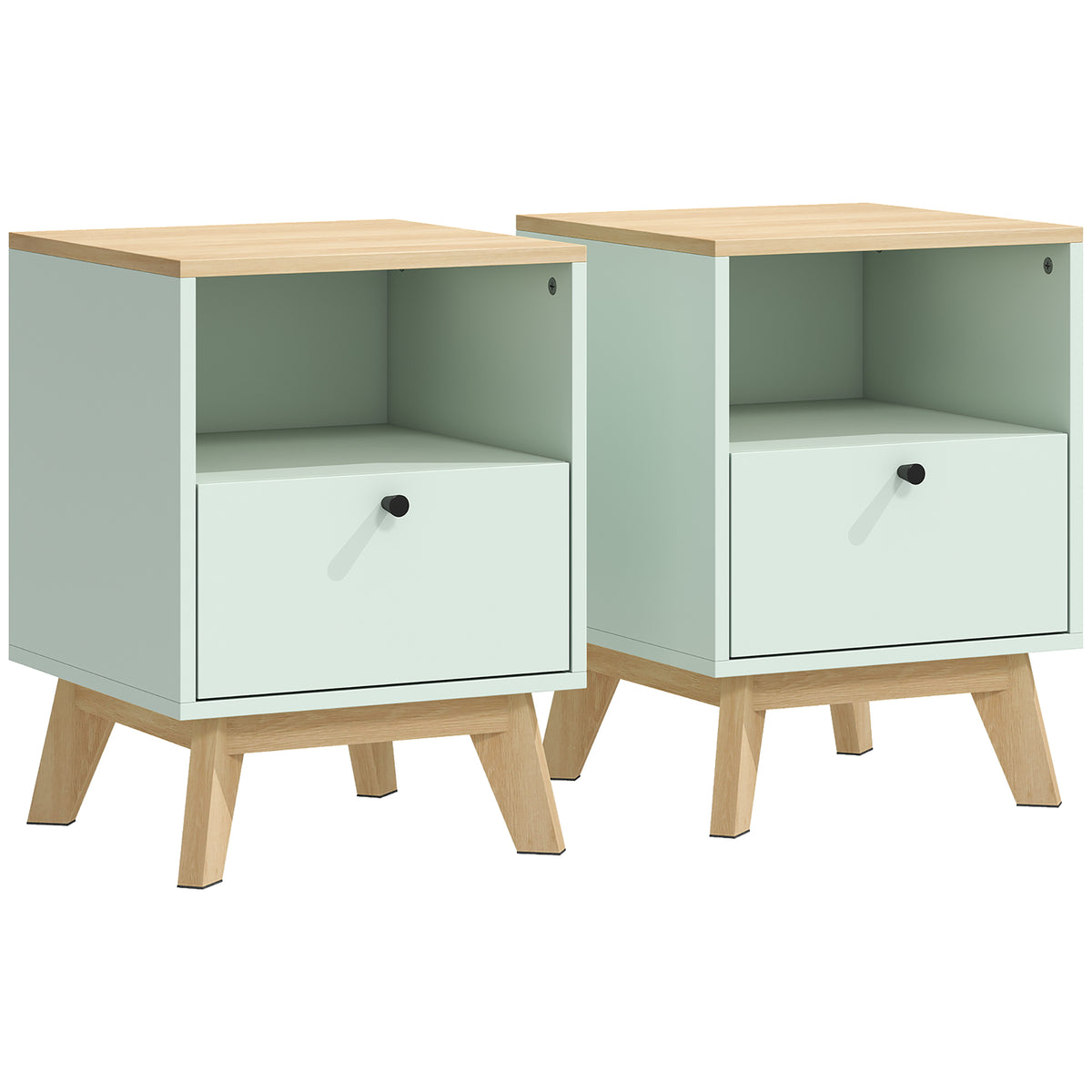 Lot de 2 tables de chevet, tables de nuit avec tiroir et compartiment ouvert, 40 x 40 x 55 cm, chêne et vert clair-0