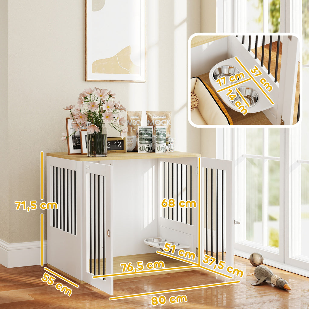 Cage pour chiens, table d'appoint, gamelles amovibles rotatives à 360° 2 portes pour chien moyenne 80x55x71,5cm blanc-2