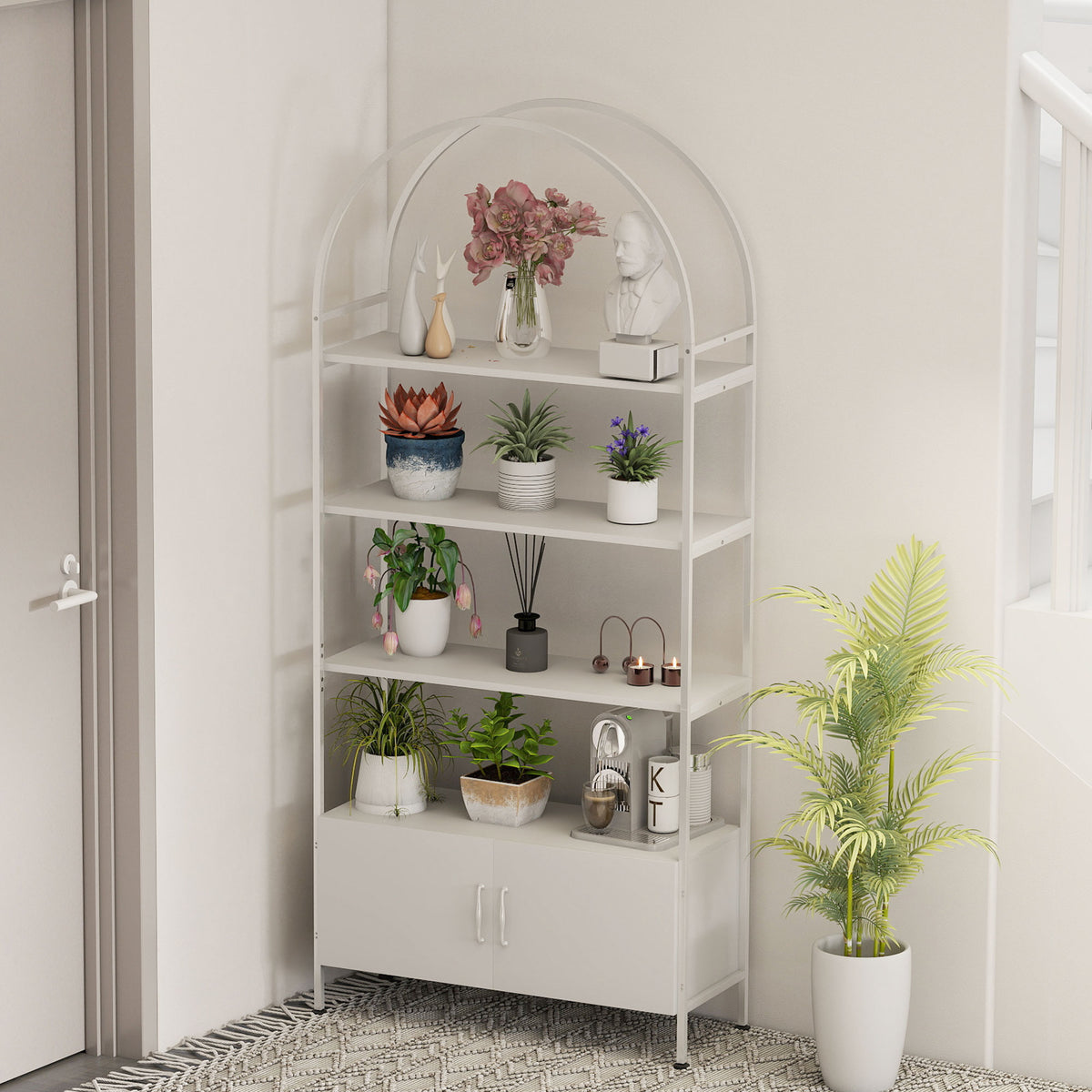 Étagère de rangement, bibliothèque arquée à 4 niveaux avec placard double porte, 80 x 30 x 187 cm, blanc-8