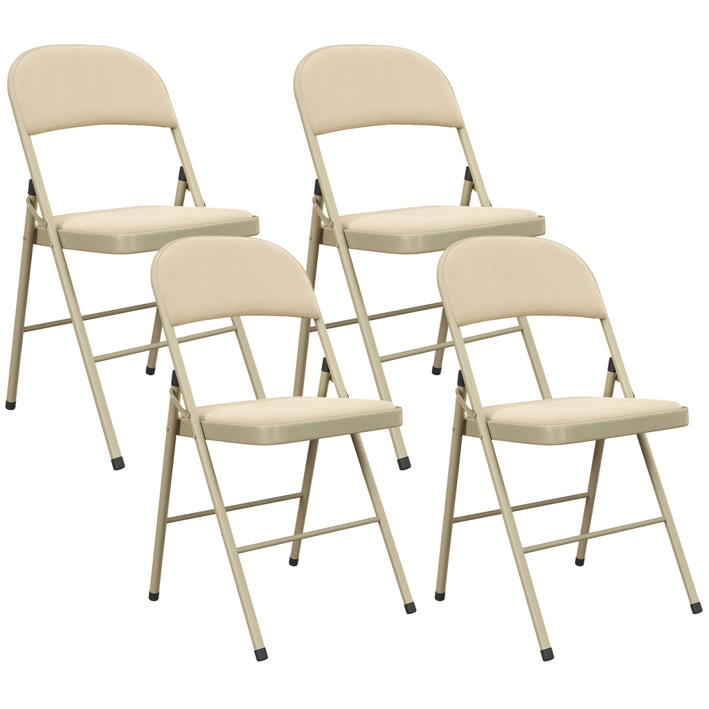 Lot de 4 chaises pliantes et portables intérieur avec assises et dossiers rembourrés en velours, cadre en acier, beige-0