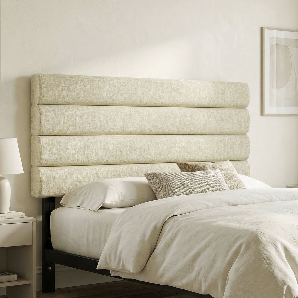 Tête de Lit Capitonnée, Hauteur Ajustable en 3 Niveaux avec Pieds en Métal pour Chambre, 140 x 10 x 106/116/126 cm Beige-9