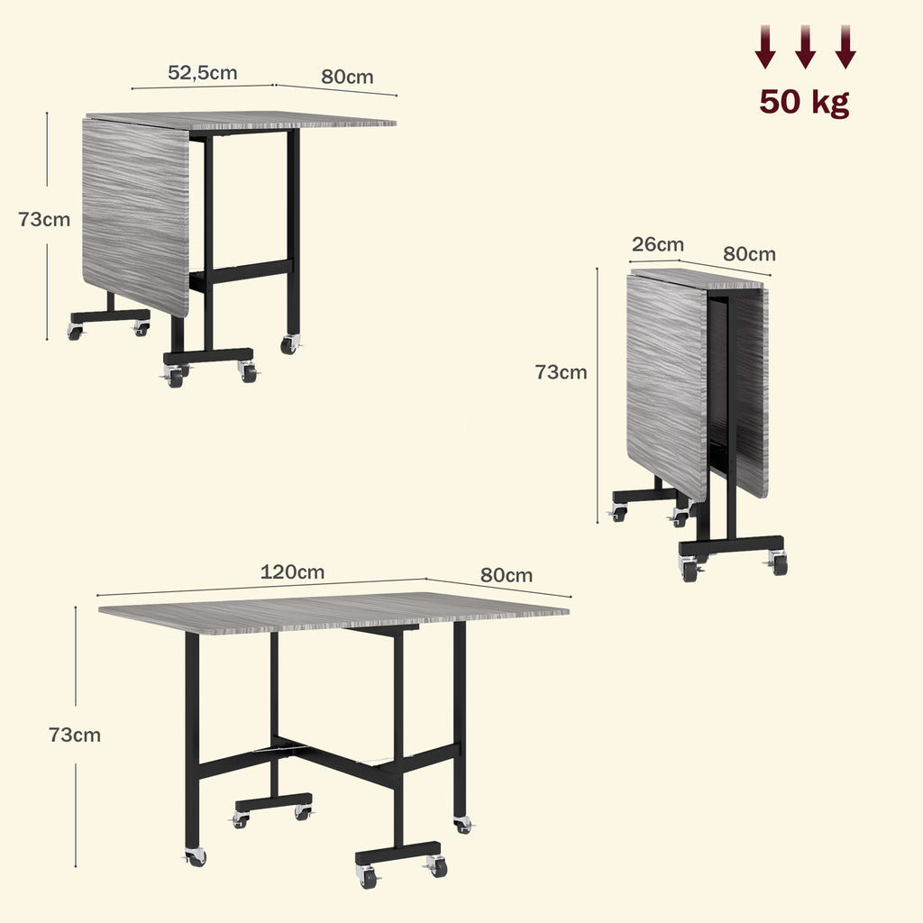 Table à Manger Pliante sur Roulettes pour 4-6 Personnes 120 cm, Roues avec Freins, 2 Abattants, Style Industriel, Gris-2