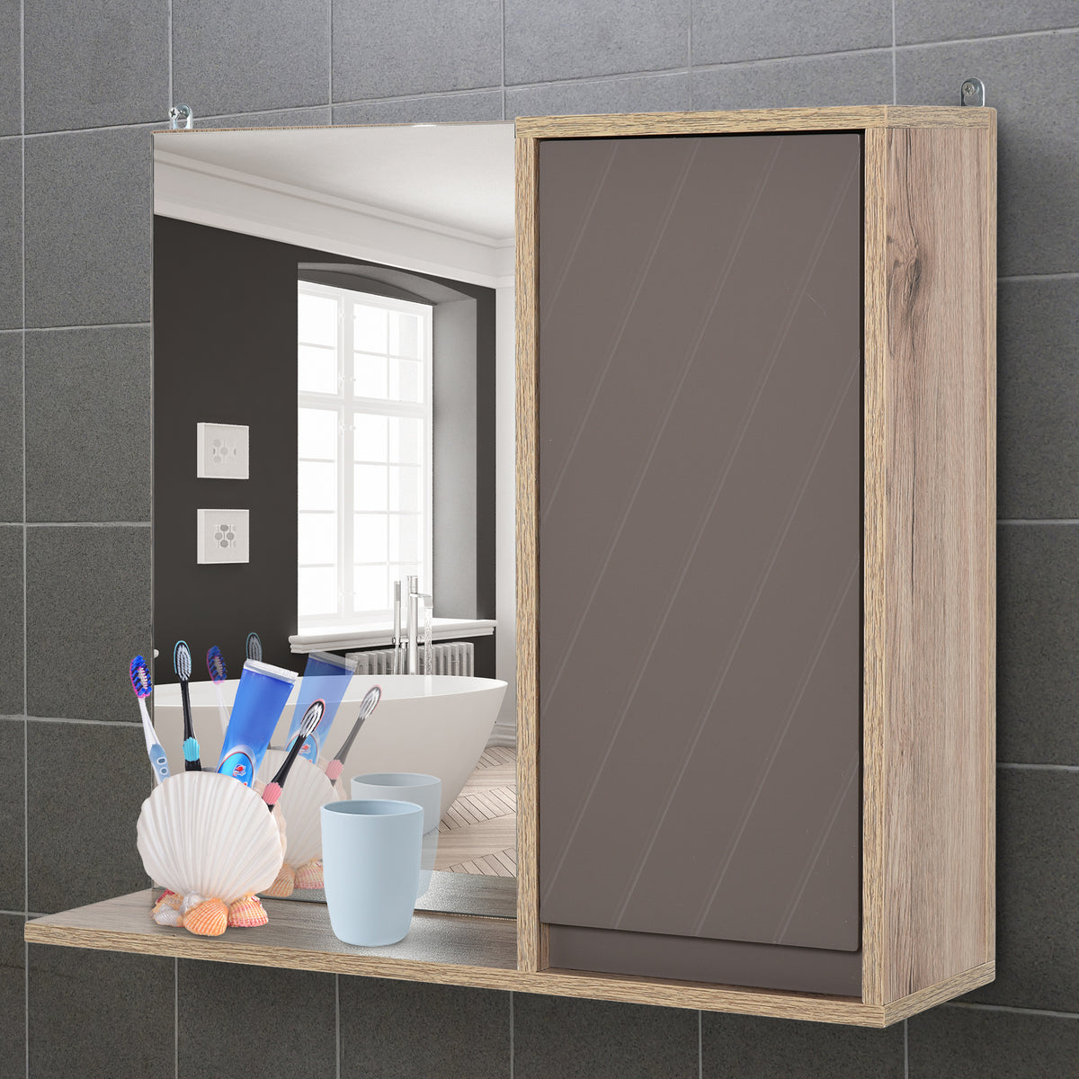 Miroir de Salle de Bain avec étagère et Placard - système Fixation intégré - Panneaux Particules chêne Clair Gris-6