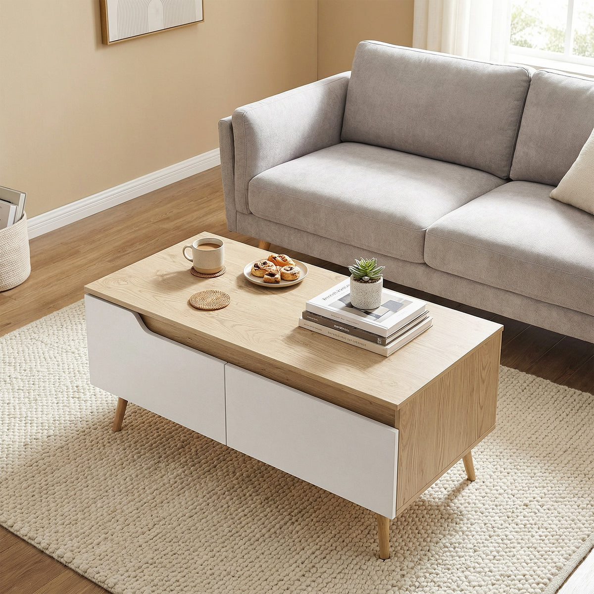 Table basse rectangulaire, table de salon moderne avec 2 tiroirs, 5 pieds en bois de pin, 100x50x46cm, chêne et blanc-6