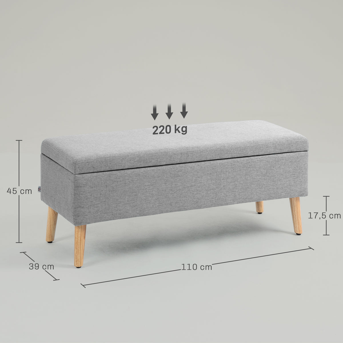 Banc coffre rangement rembourré aspect lin pour chambre à coucher, entrée, salon, charge 220 Kg, 110 x 39 x 45 cm, gris-2