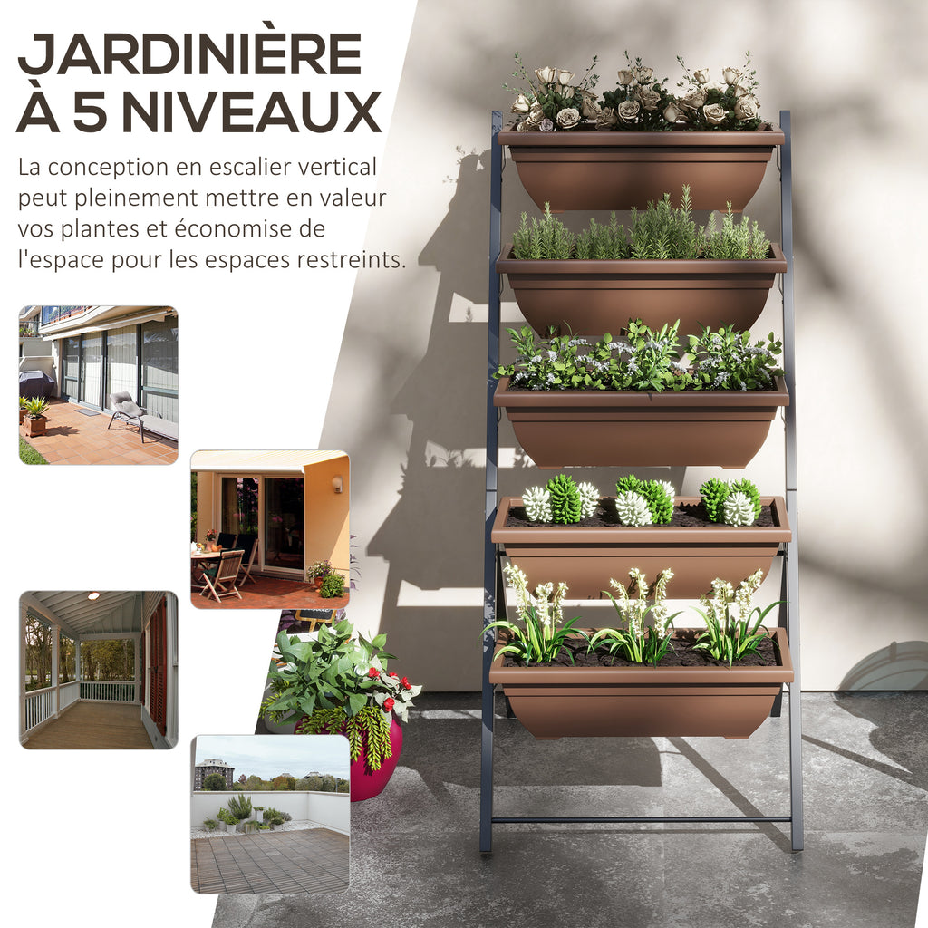 Jardinière surélevée avec étages jardinière verticale avec 5 bacs à fleurs trous de drainage cadre en acier marron-3