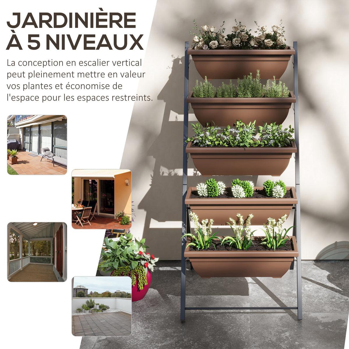 Jardinière surélevée avec étages jardinière verticale avec 5 bacs à fleurs trous de drainage cadre en acier marron-3