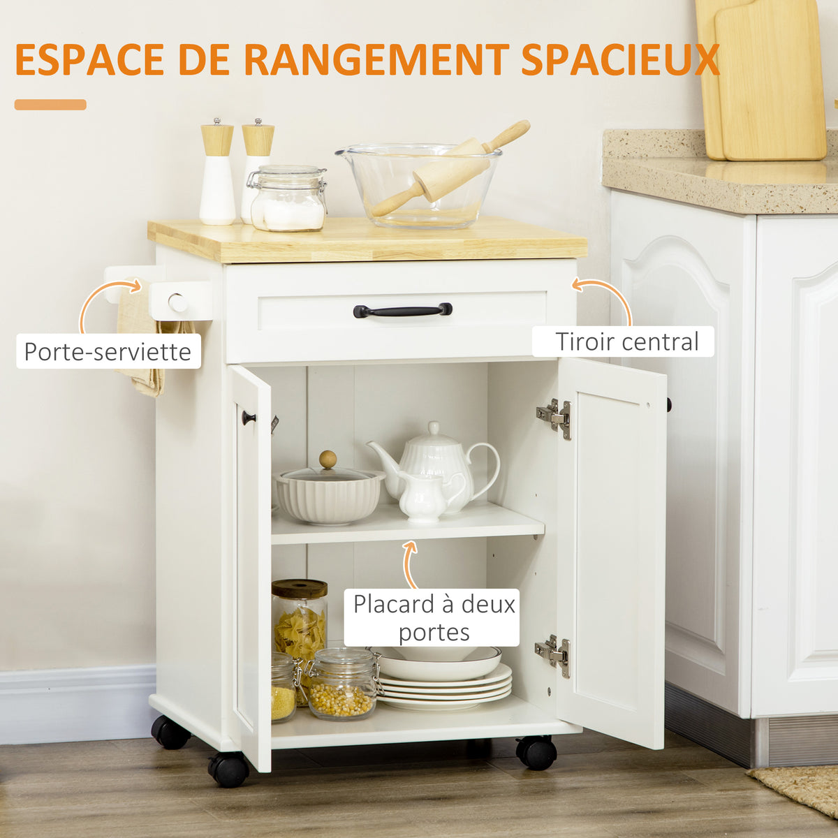 Desserte de cuisine à roulettes multi-rangements 1 tiroir 1 placard 1 portes-torchons blanc et plateau en bois-3