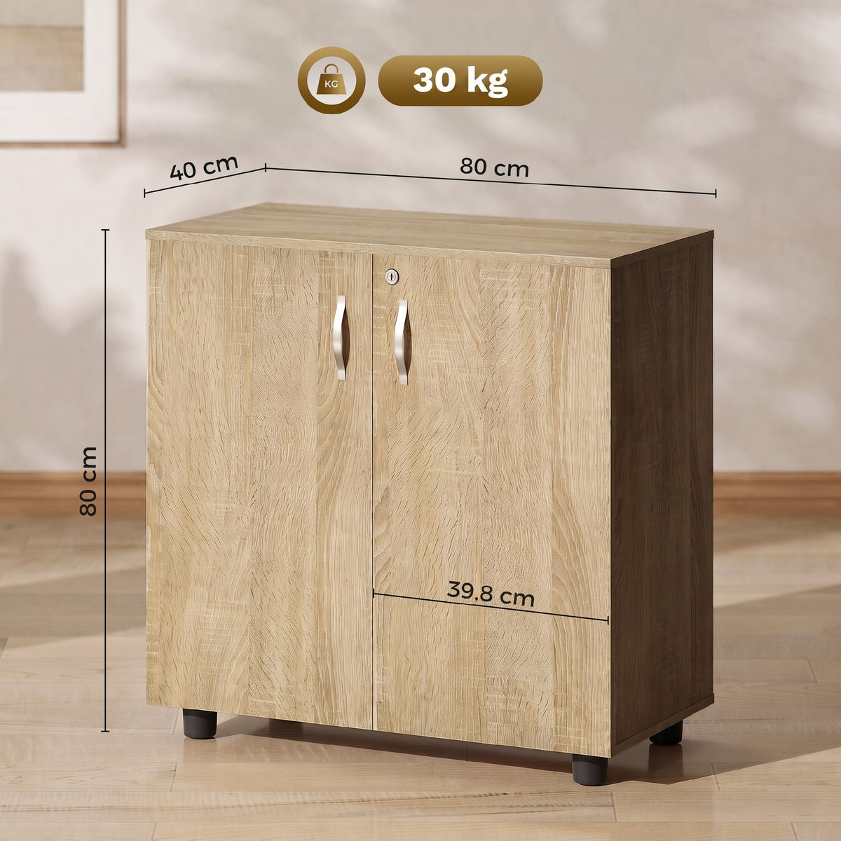Armoire de bureau à 2 niveaux, meuble de rangement bureau avec 2 portes, serrures et clés, 80x40x80cm, chêne-2