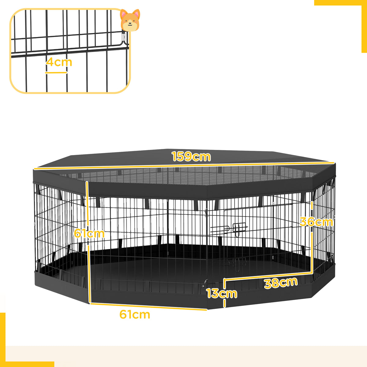 Parc pour chien enclos chien intérieur 8 panneaux pliables avec porte pour chiots acier 61l x 61H cm noir-2
