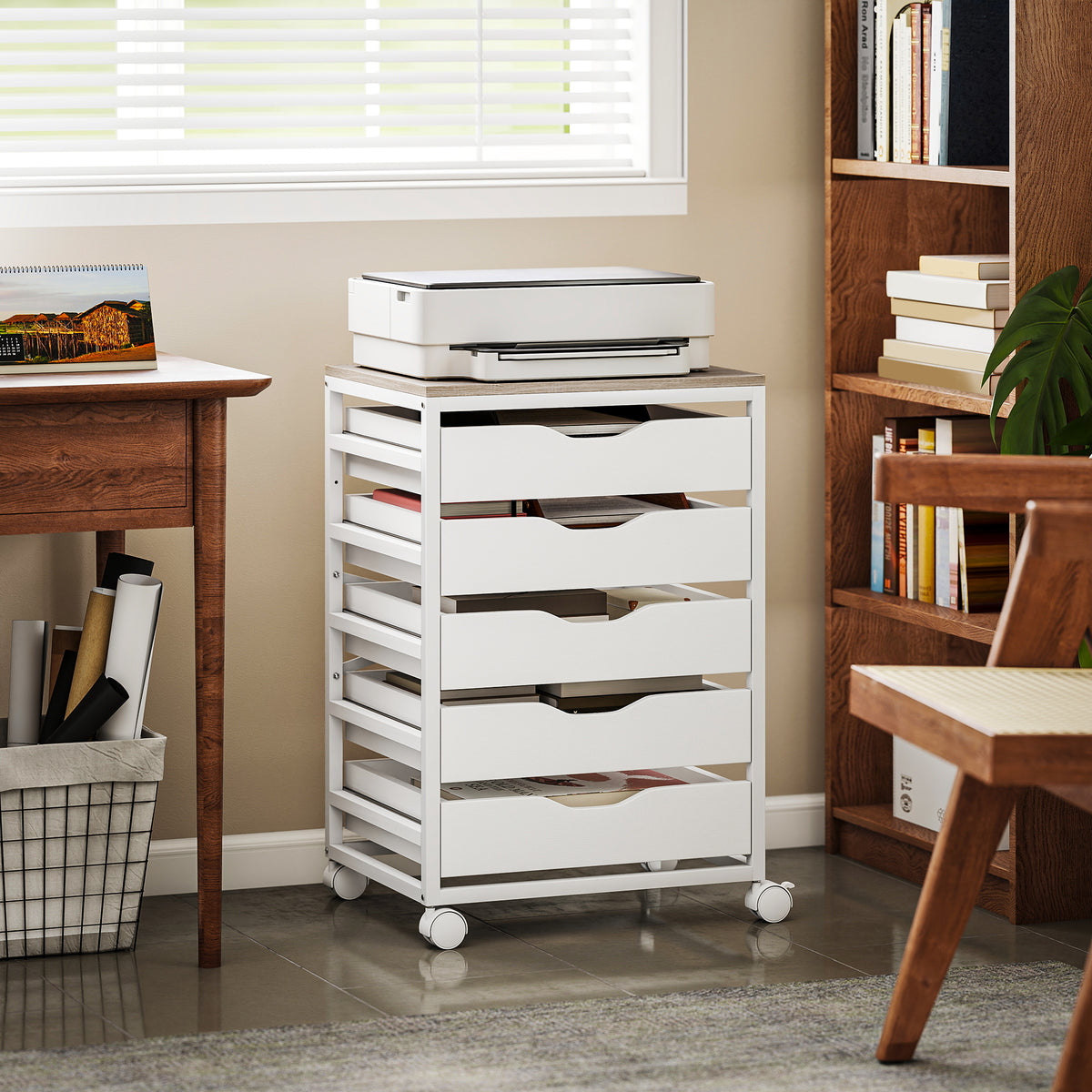 Caisson bureau mobile, meuble rangement sur roulettes bois avec 5 tiroirs, poignées encochées, 50 x 40 x 74,5 cm , blanc-1