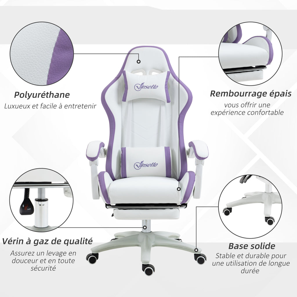 Chaise gaming fauteuil gaming ergonomique avec dossier inclinable à 135° et soutien lombaire, 65 x 65 x 121-129 cm blanc-6