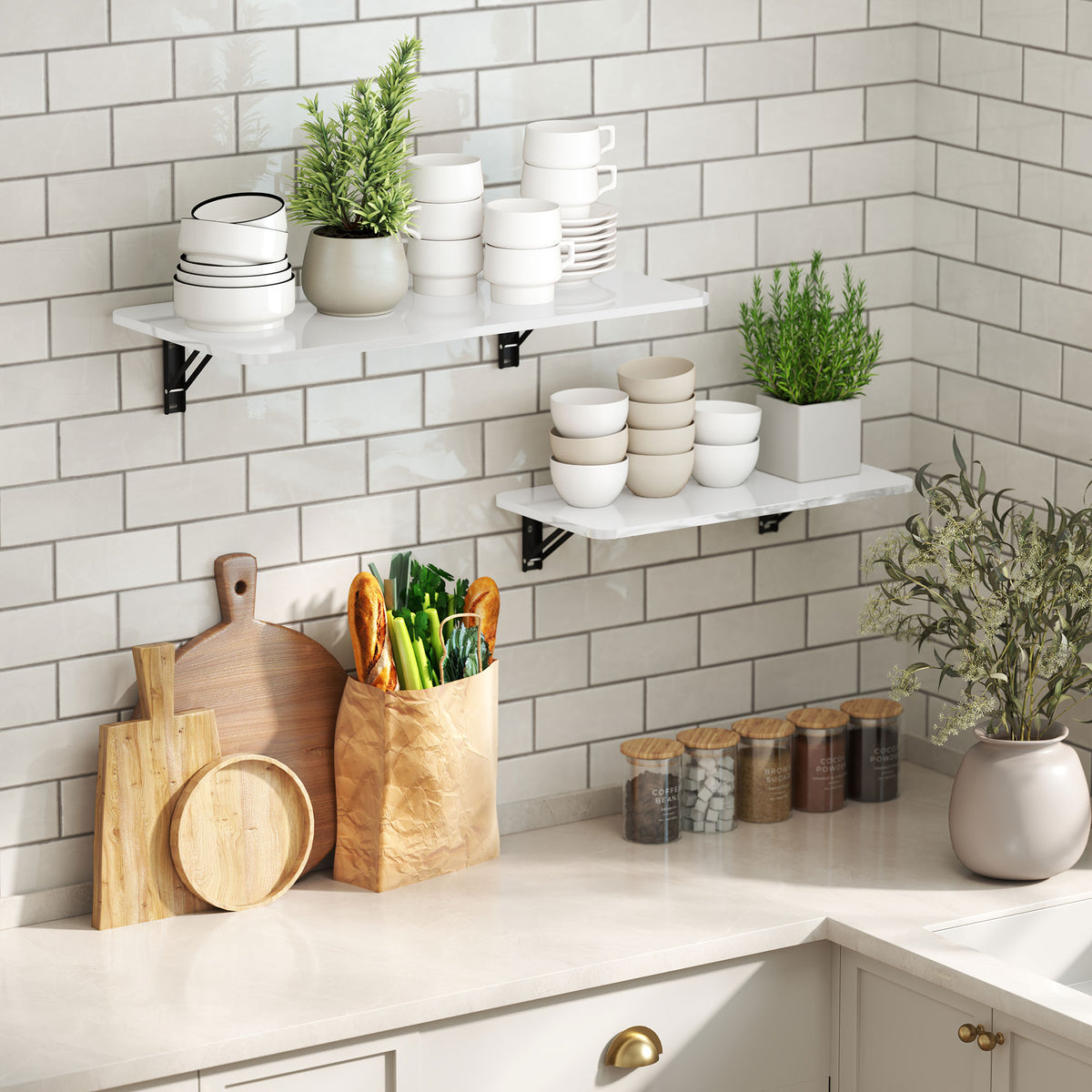 Lot de 2 tables pliantes murales, table murale rabattable en bois, pour cuisine, salle à manger, bureau, blanc brillant-1