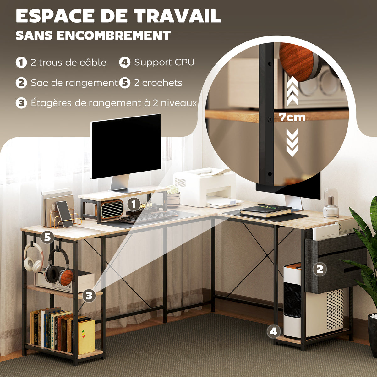 Bureau d'angle modulable réversible 168-240 cm style industriel - étagère réglable, sac de rangement, support d'écran-3