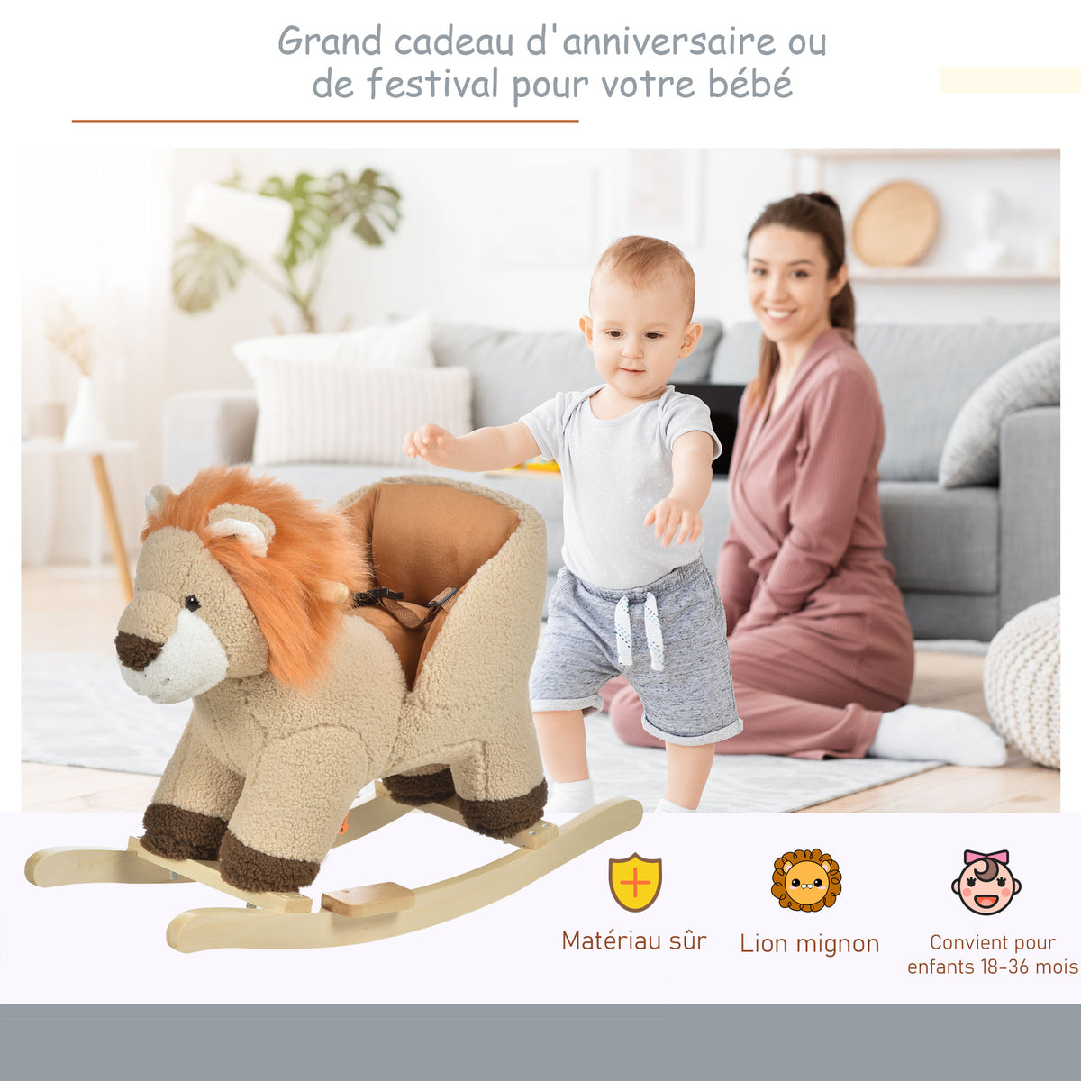 Cheval à Bascule modèle Lion Fonction Musicale Selle Grand Confort Peluche Courte Douce Pour Enfants 18-36 Mois Bois peuplier Marron dim. 68L x 35l x 50H cm-3