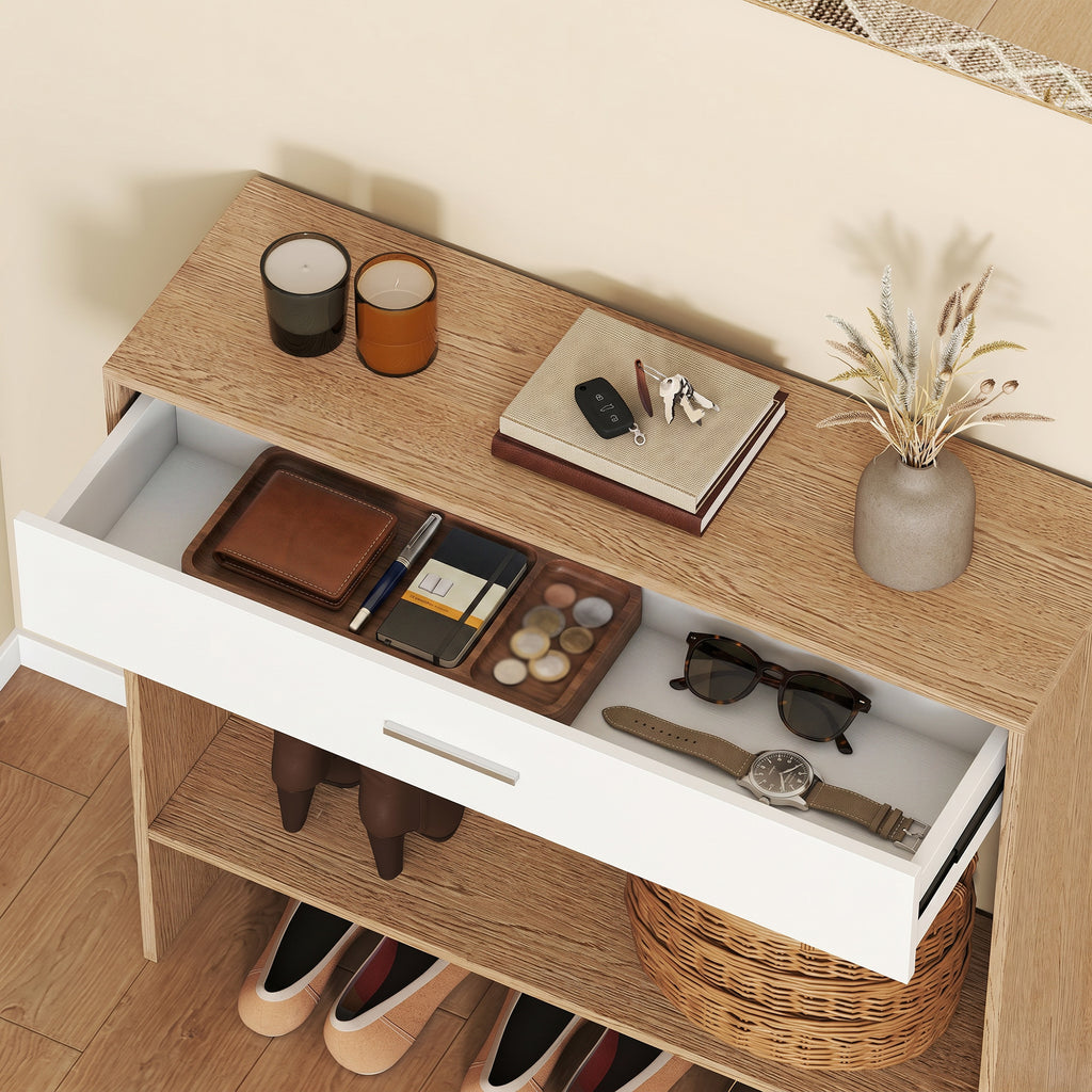 Console meuble + miroir, table console étroite avec tiroir et étagère, style moderne, 91,5 x 27,9 x 85,5 cm, chêne-8