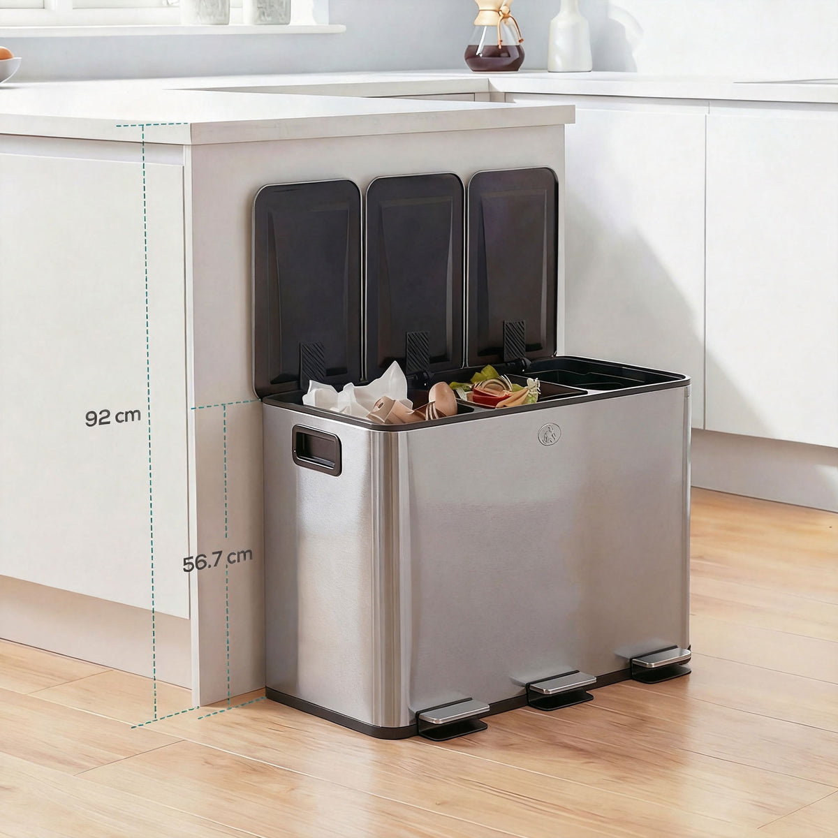 Poubelle de cuisine, poubelle tri sélectif, 3 compartiments de 20L, seaux intérieurs amovibles, 61,9x36,6x56,7cm, argent-1
