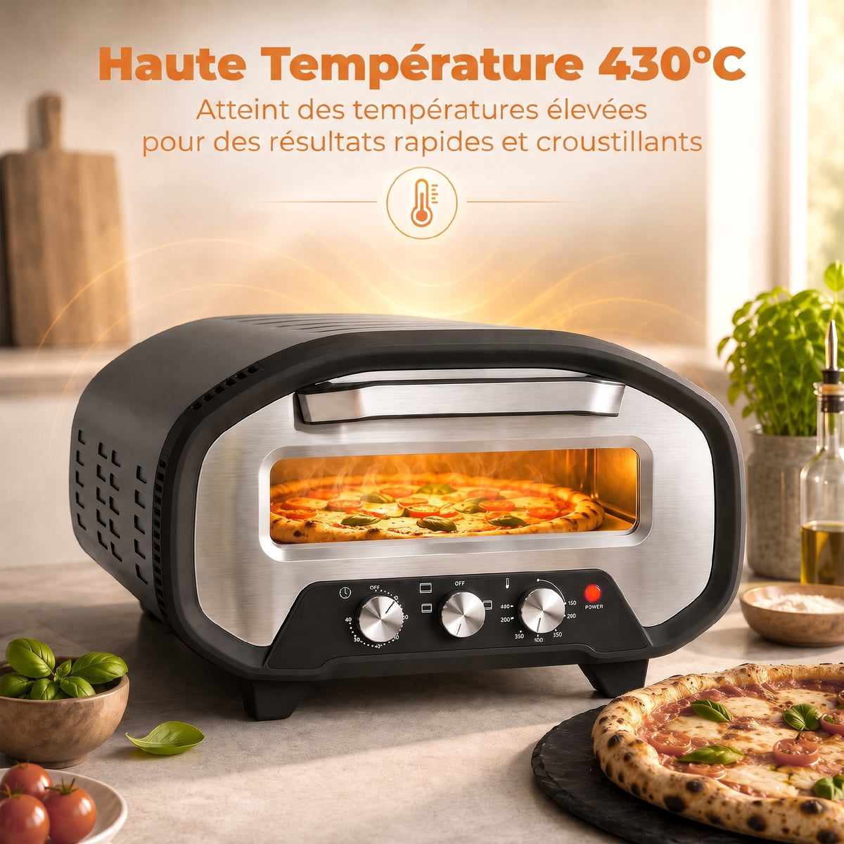 Four à Pizza Électrique d'Intérieur 2200 W jusqu'à 430°C, Pierre en Céramique Ø30,5 cm, Minuteur 60 min, Noir-3